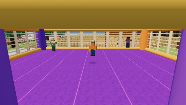 Blocky characters jumping inside the game's purple bounce castle
