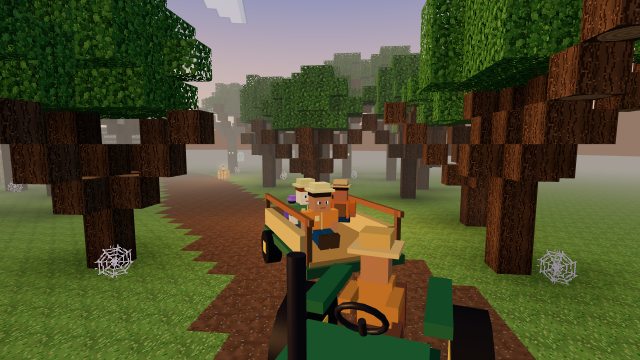 A family riding the tractor's hay wagon through the game's spooky woodland trail