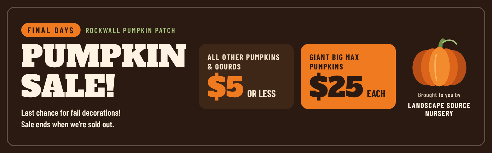 Final Days Pumpkin Sale! All other pumpkins and gourds $5 or less. Giant Big Max pumpkins just $25 each. Last chance for fall decorations, sale ends when we're sold out.